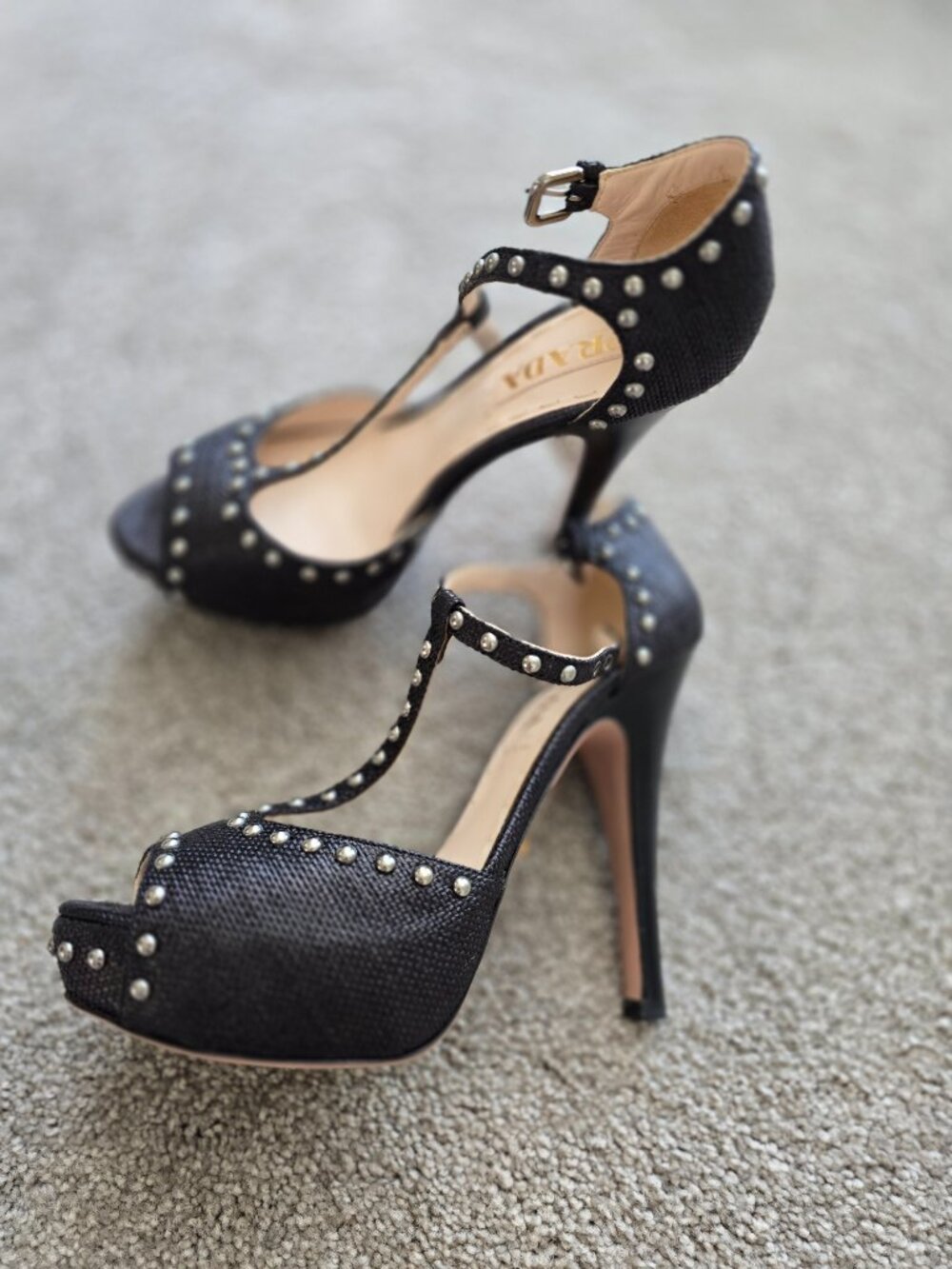 Prada Size 37 Heels Black Studded - Picture 2 of 6
